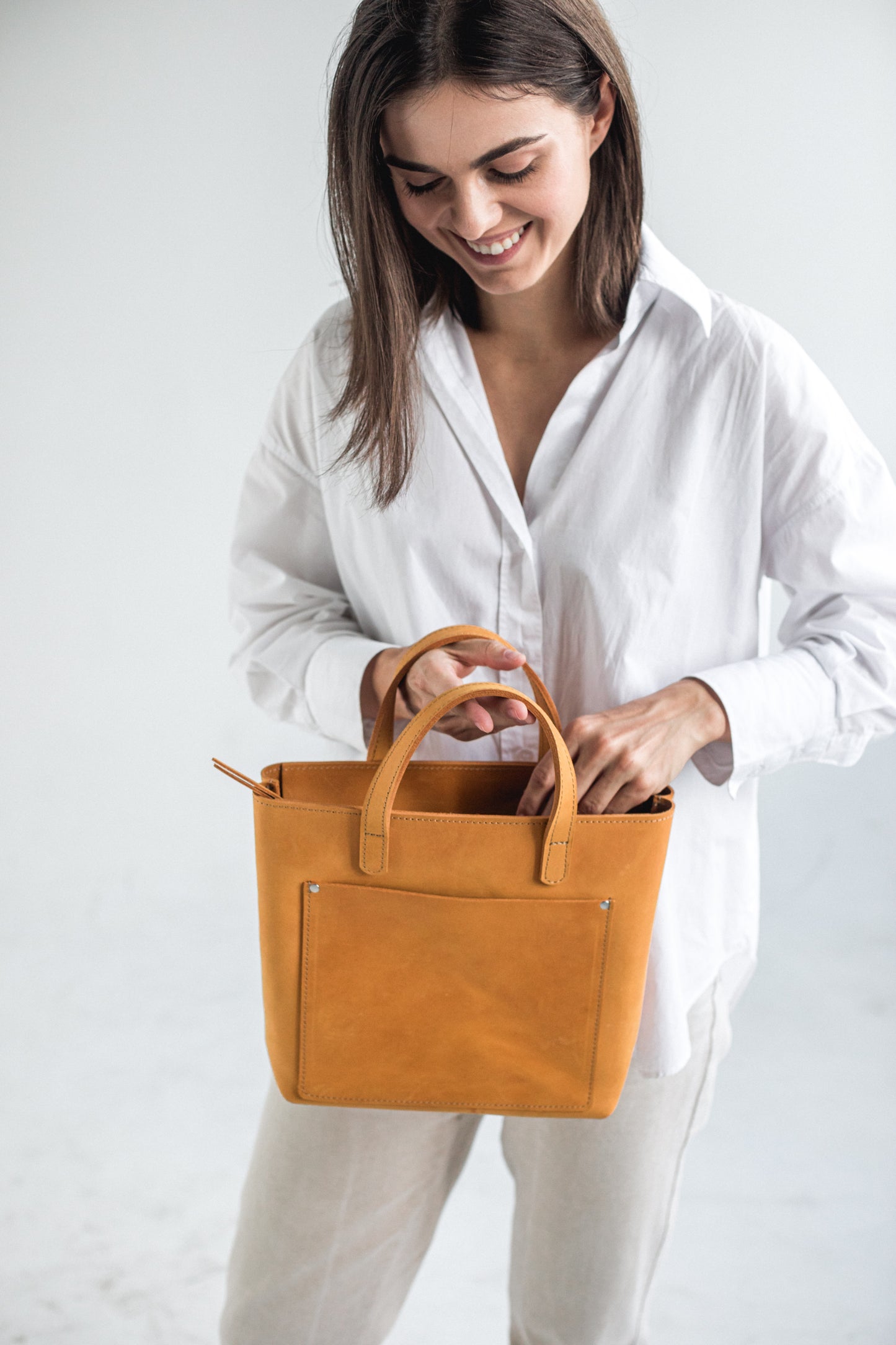 Camel leather mini tote bag