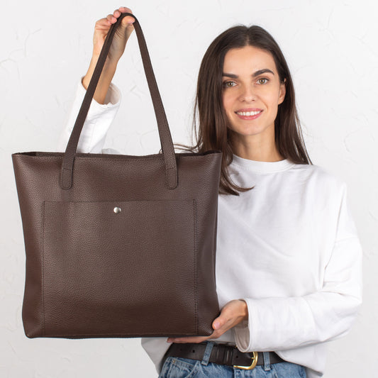 Dark Brown pebbled leather tote bag with Button