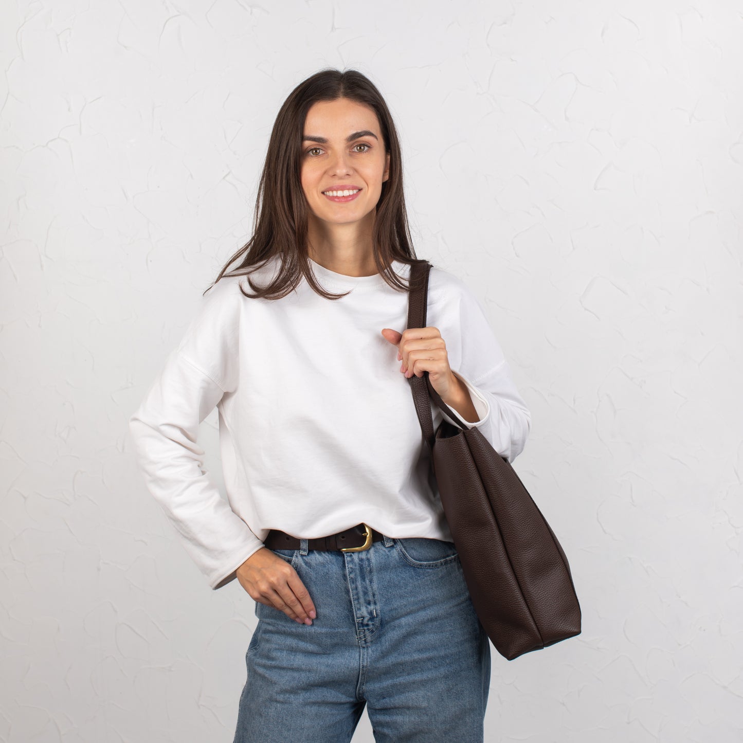 Dark Brown pebbled leather tote bag with Button