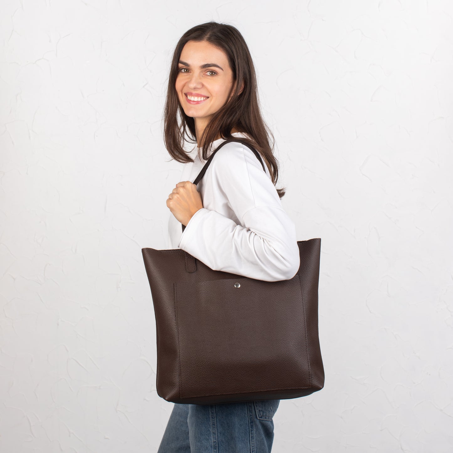 Dark Brown pebbled leather tote bag with Button