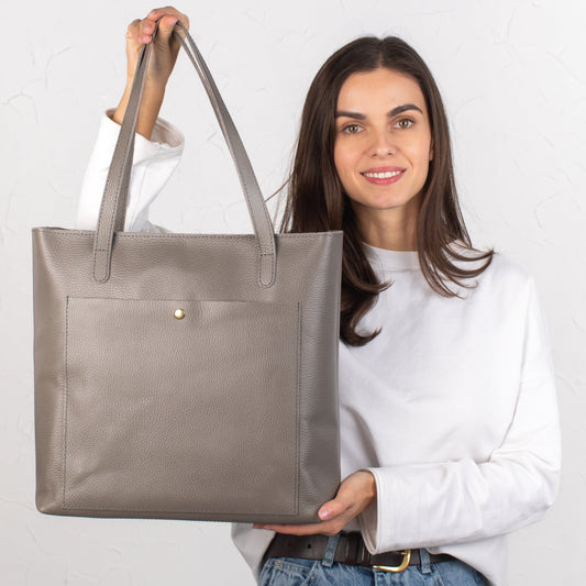 Gray pebbled leather tote bag