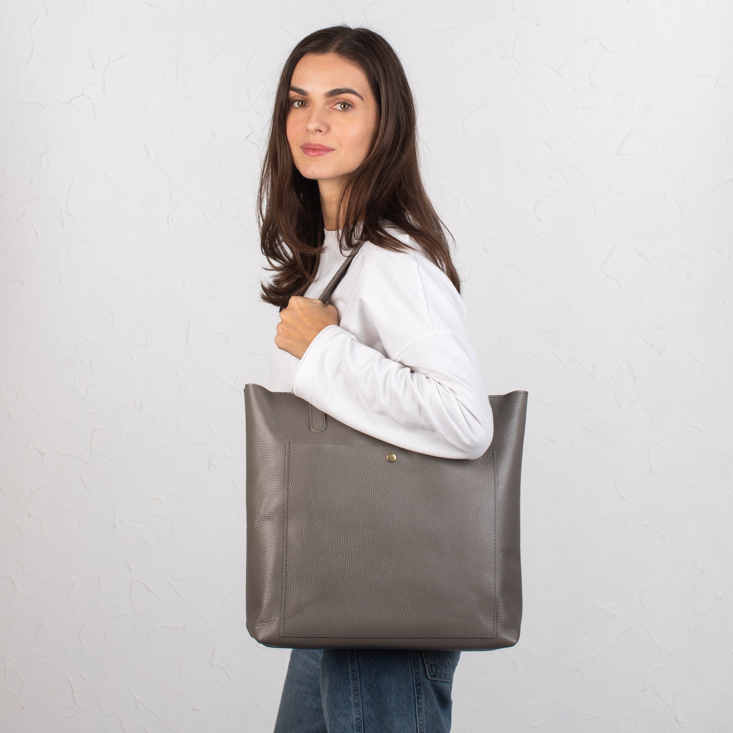 Gray pebbled leather tote bag