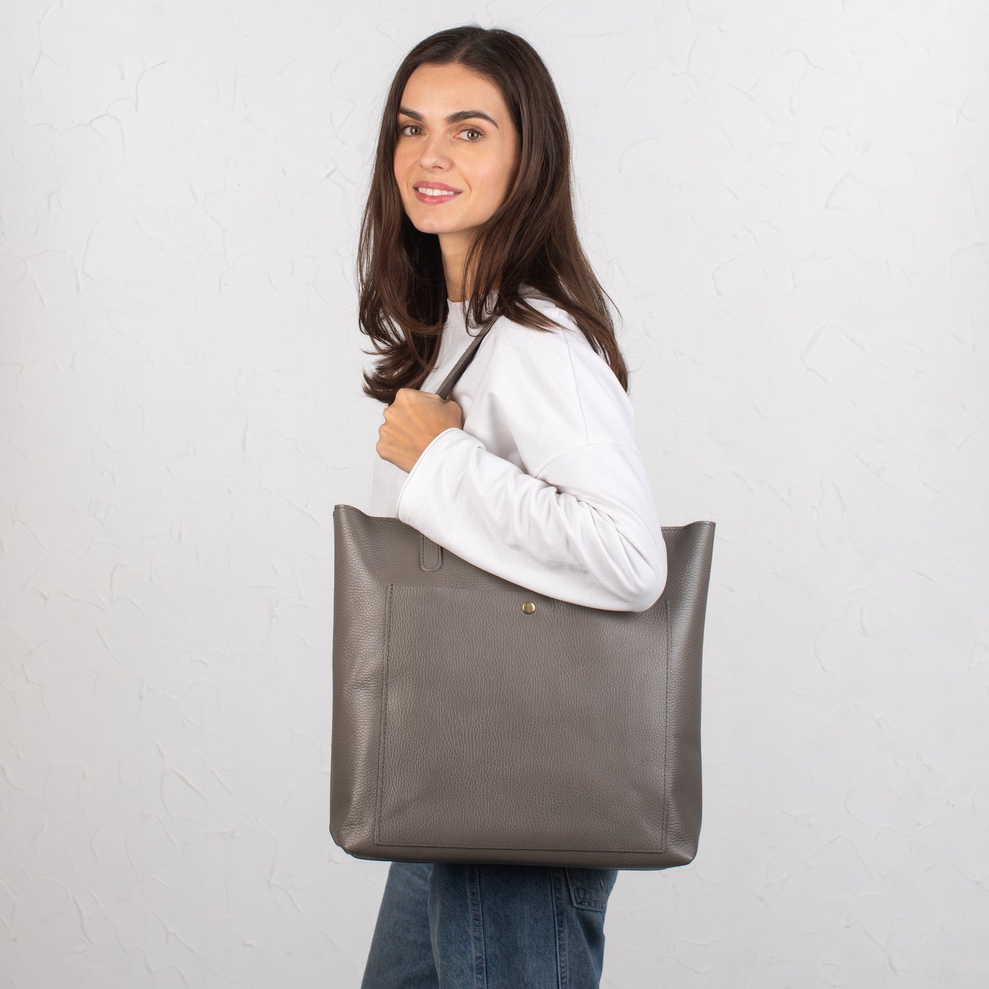 Gray pebbled leather tote bag