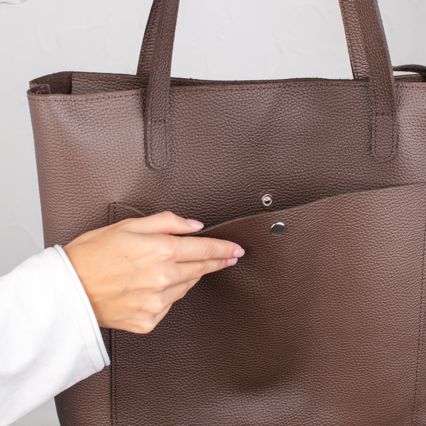 Dark Brown pebbled leather tote bag with Button