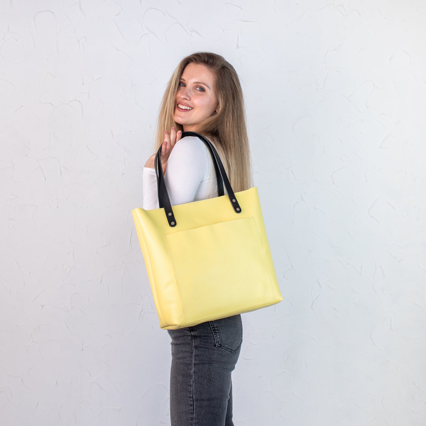 Light Yellow pebbled leather tote bag