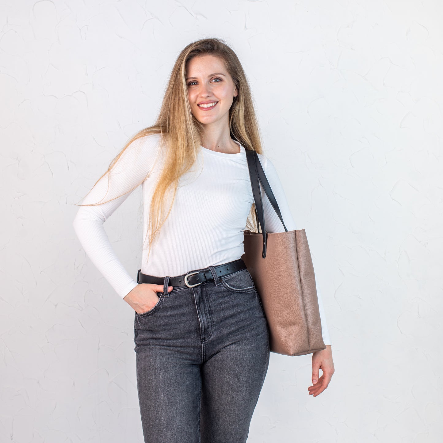 Pale pebbled leather tote bag