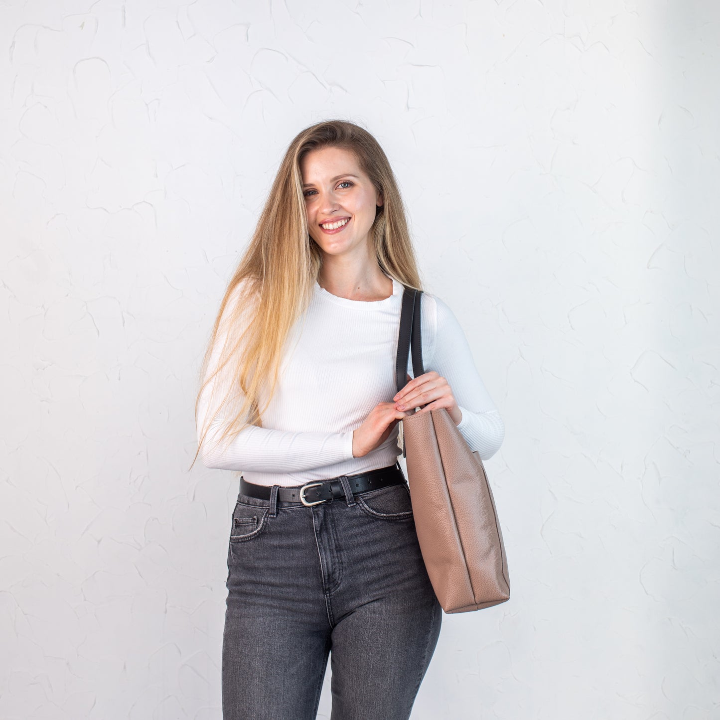 Pale pebbled leather tote bag