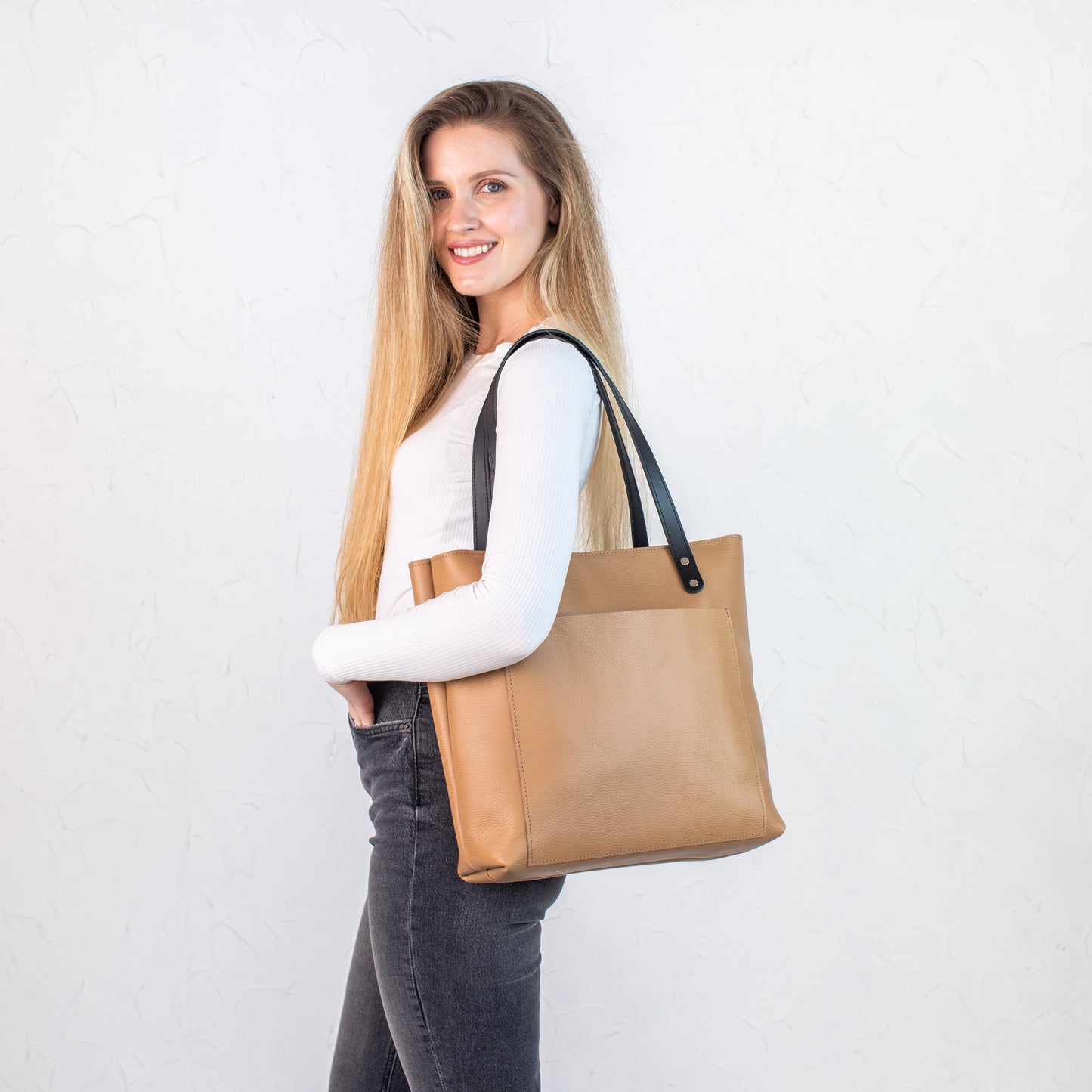 Pale pebbled leather tote bag