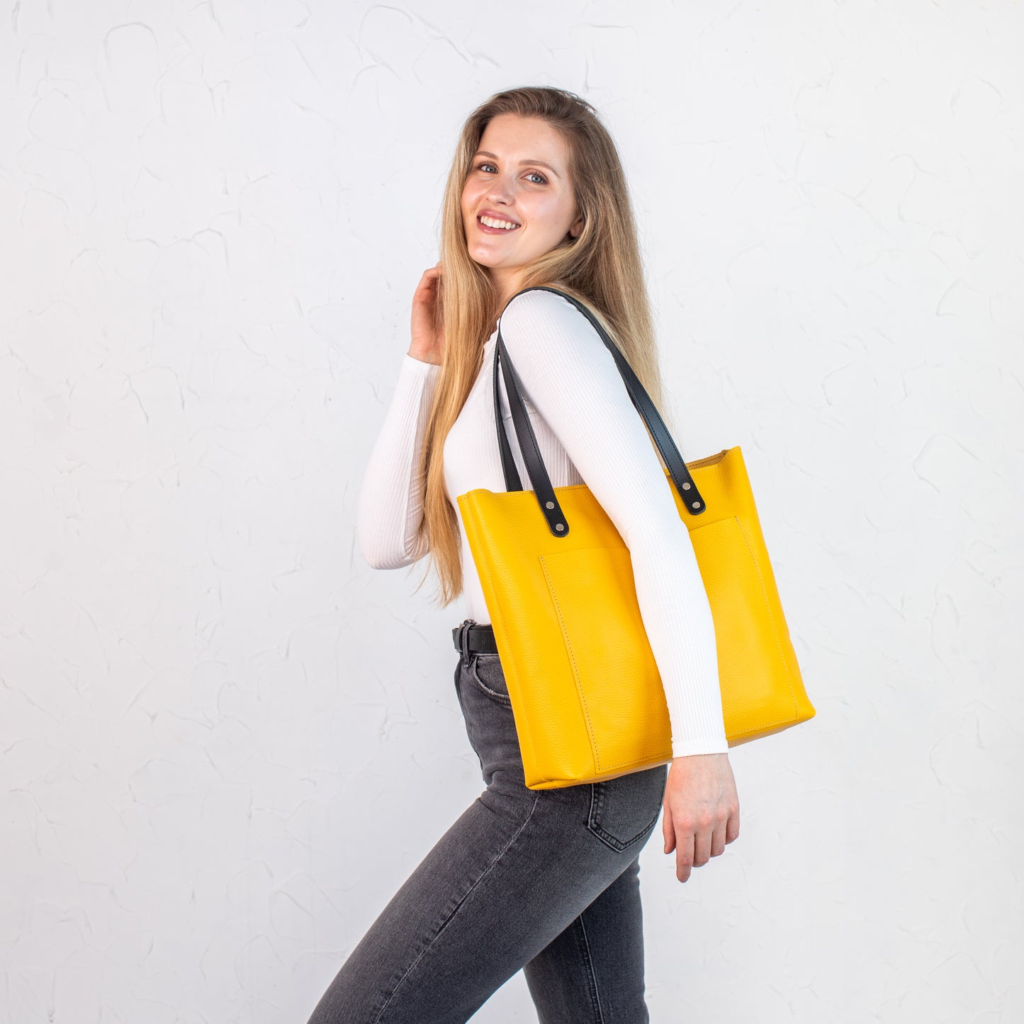 Bright Yellow pebbled leather tote bag