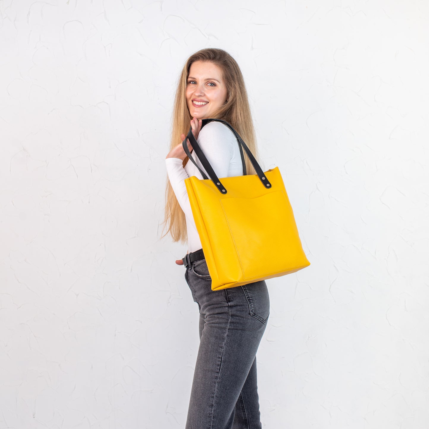 Bright Yellow pebbled leather tote bag