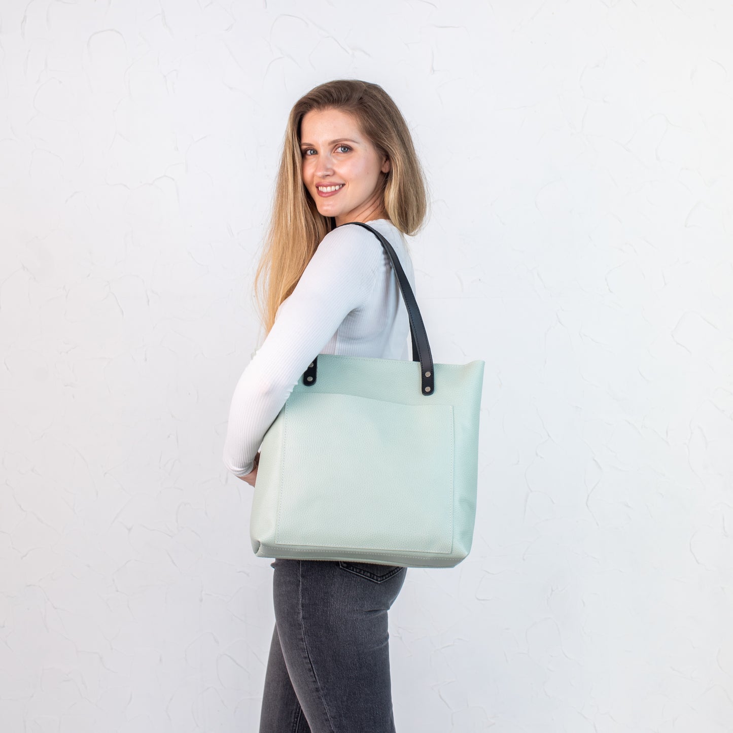 Pistachio pebbled leather tote bag