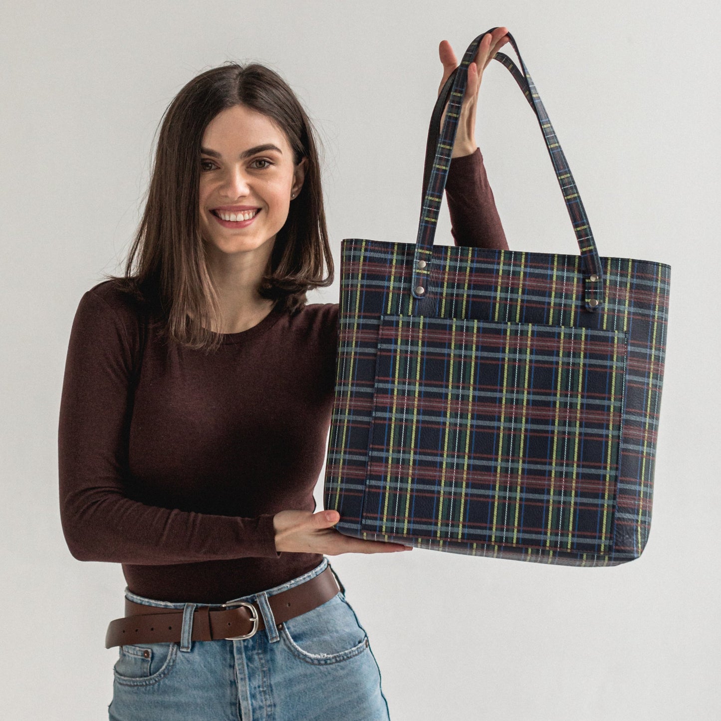 Plaid leather tote bag