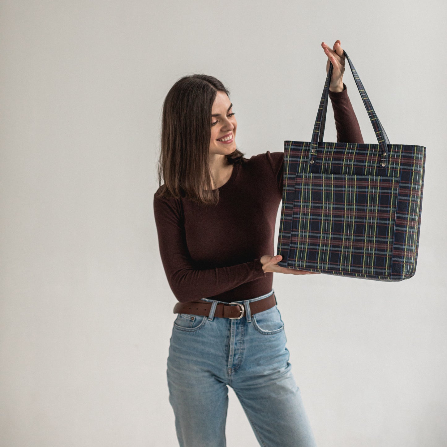 Plaid leather tote bag