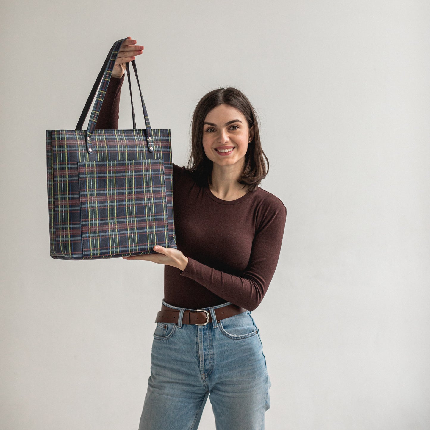 Plaid leather tote bag