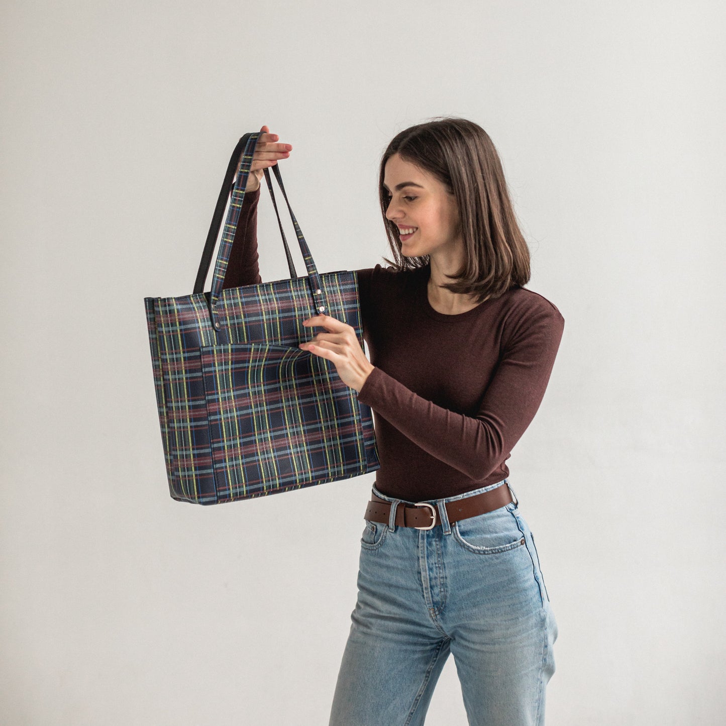 Plaid leather tote bag