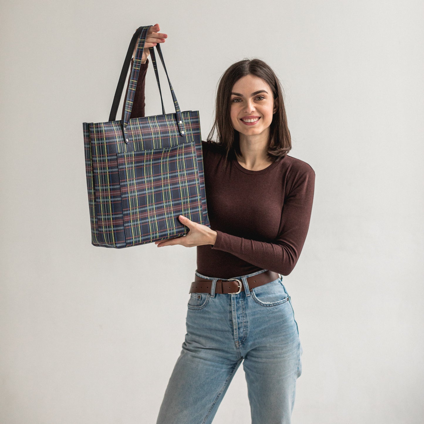 Plaid leather tote bag