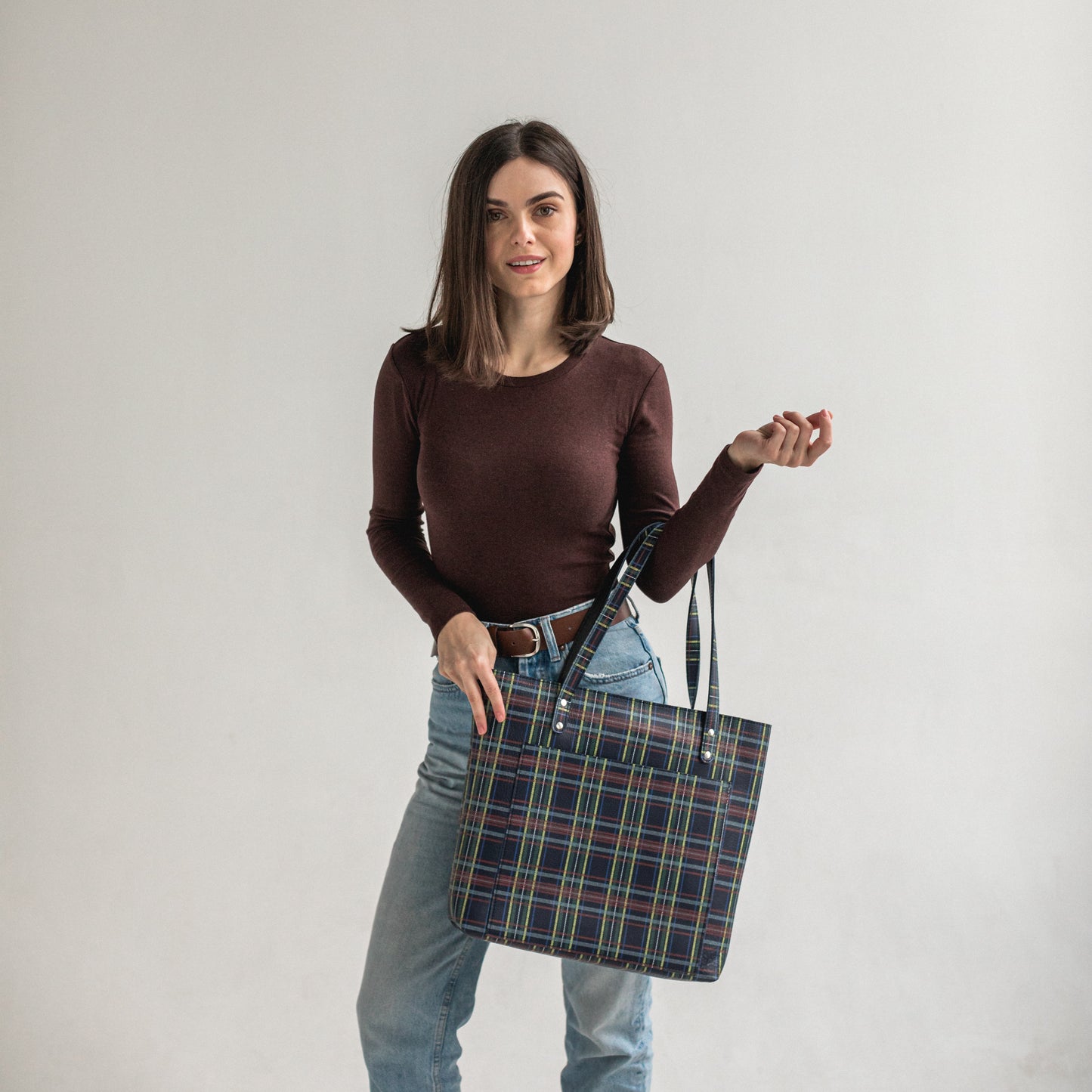 Plaid leather tote bag