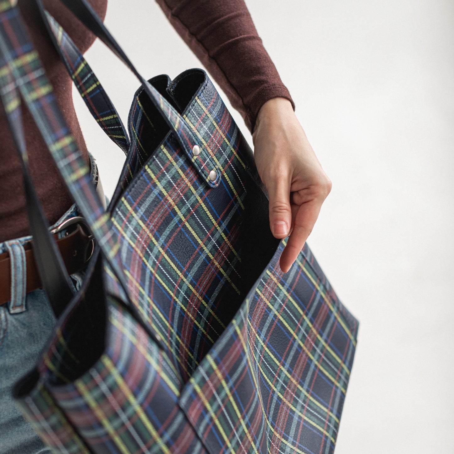 Plaid leather tote bag