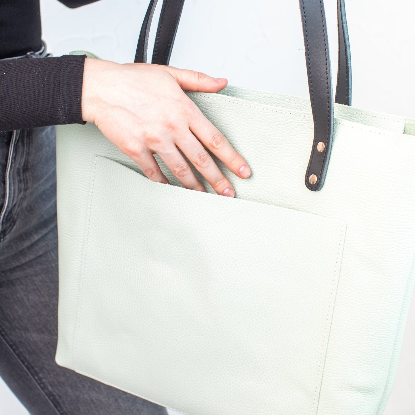 Pistachio pebbled leather tote bag