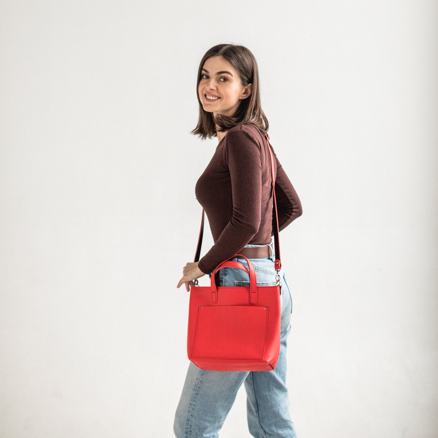 Red/Black double face leather mini tote bag