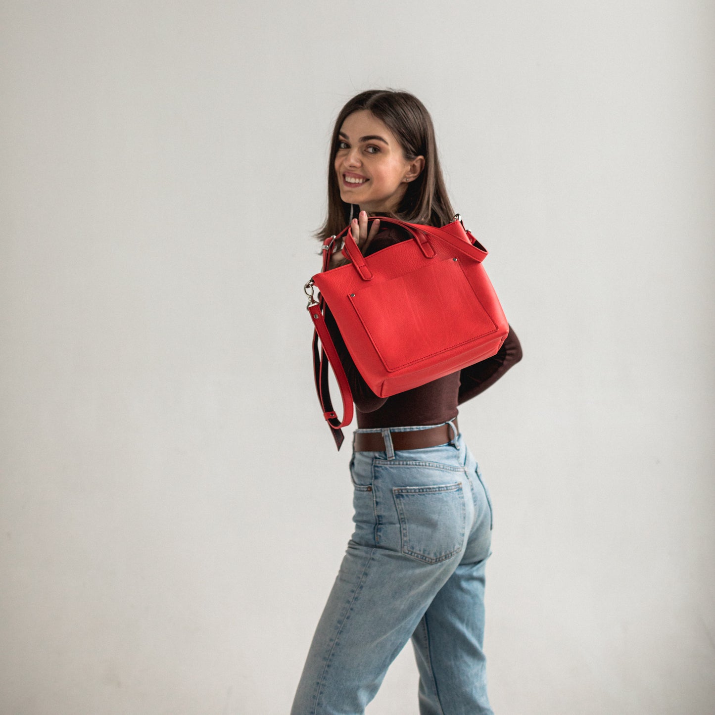 Red/Black double face leather mini tote bag