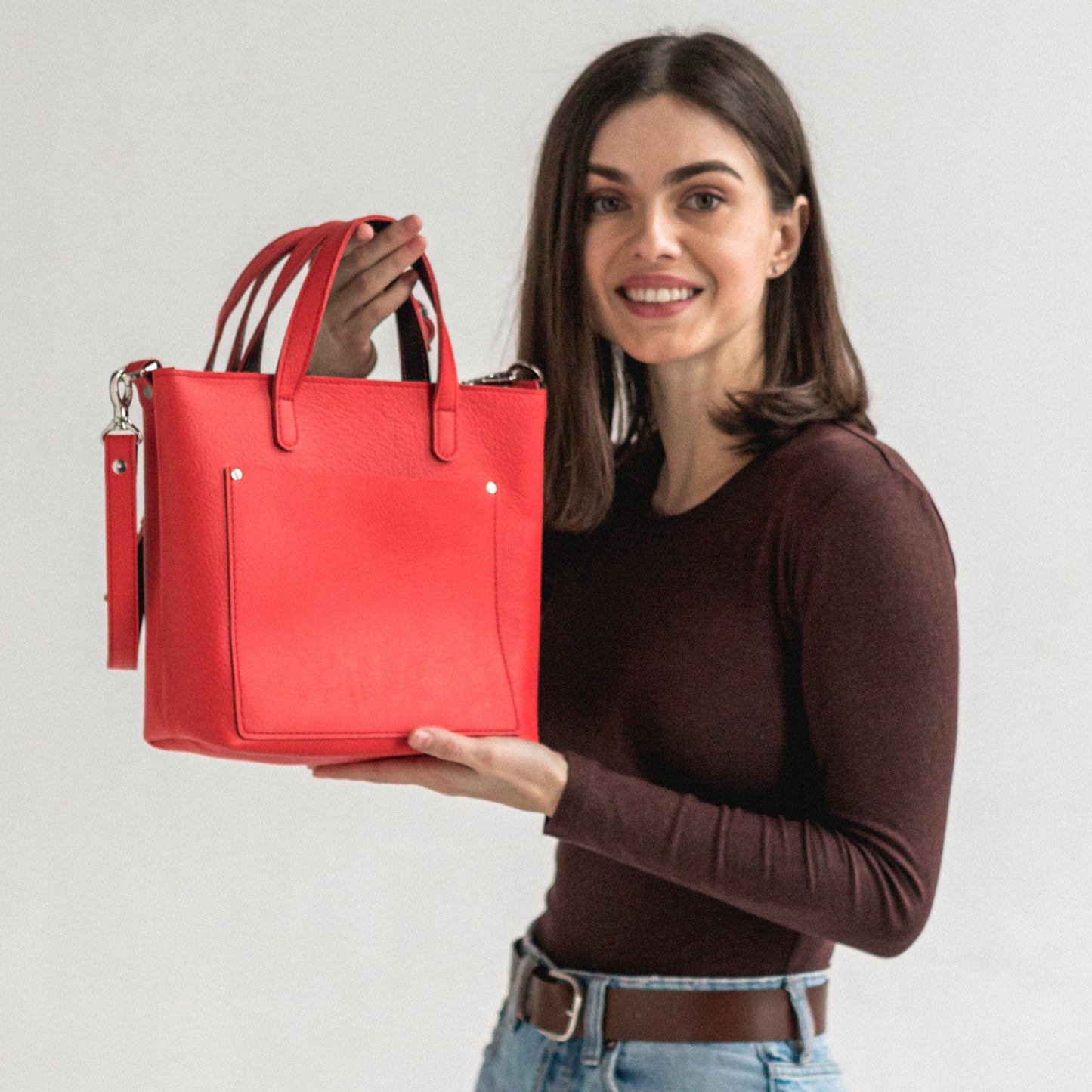 Red / Black double face leather mini tote bag