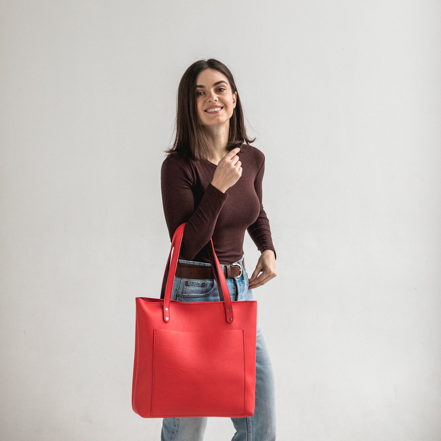 Red leather tote bag