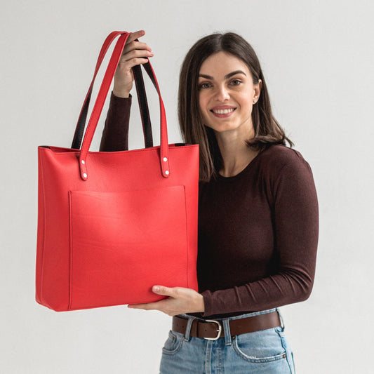 Red leather tote bag