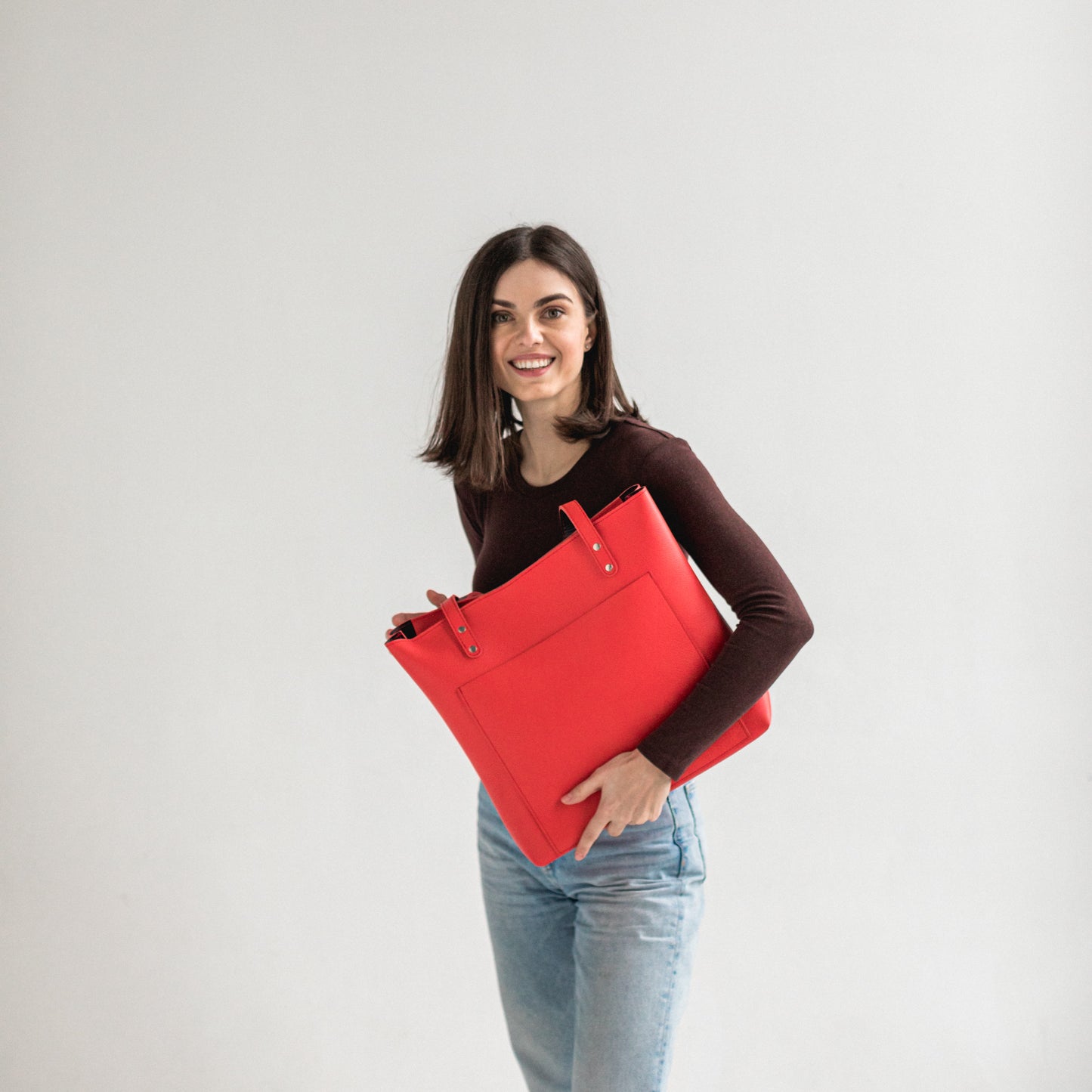 Red leather tote bag