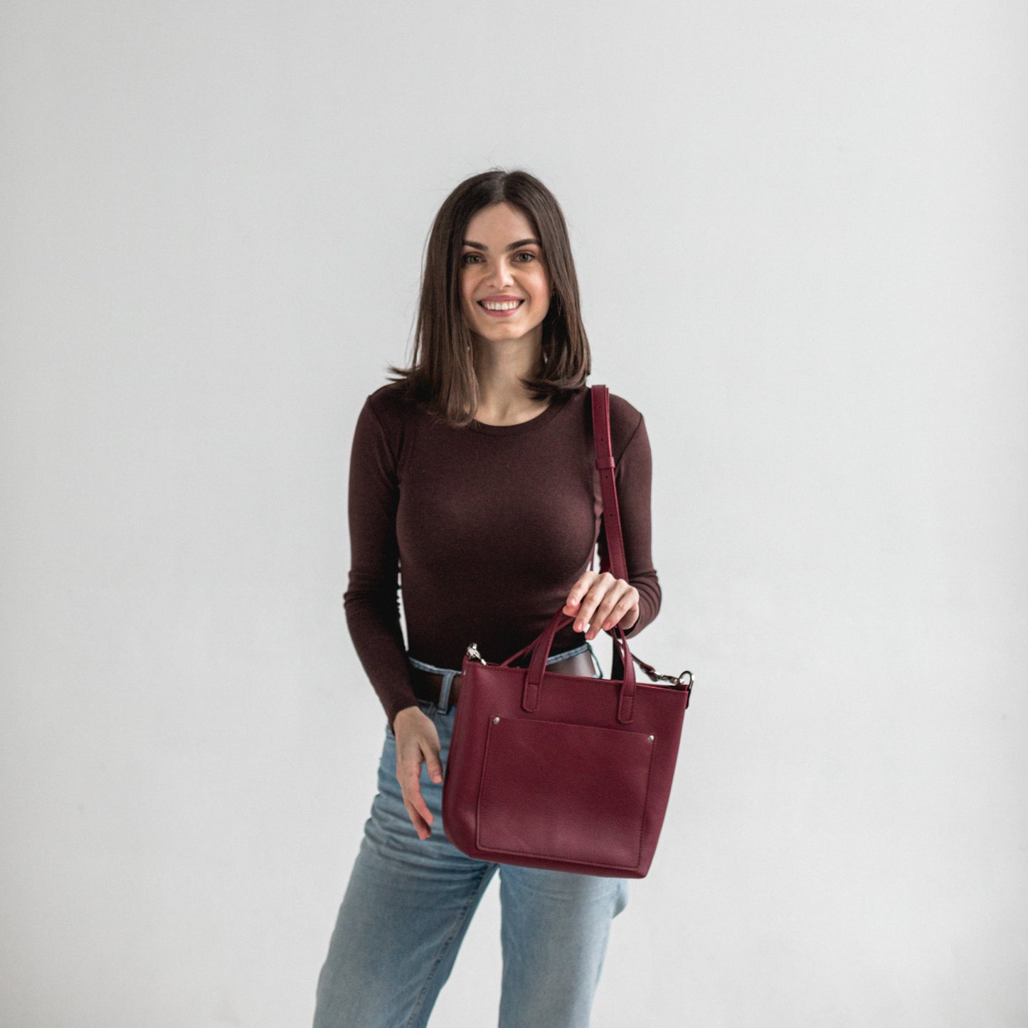 Burgundy double face leather mini tote bag