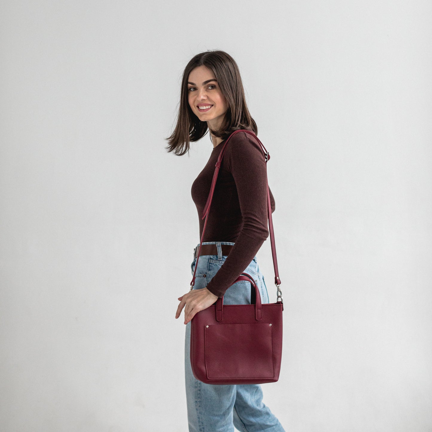 Burgundy double face leather mini tote bag