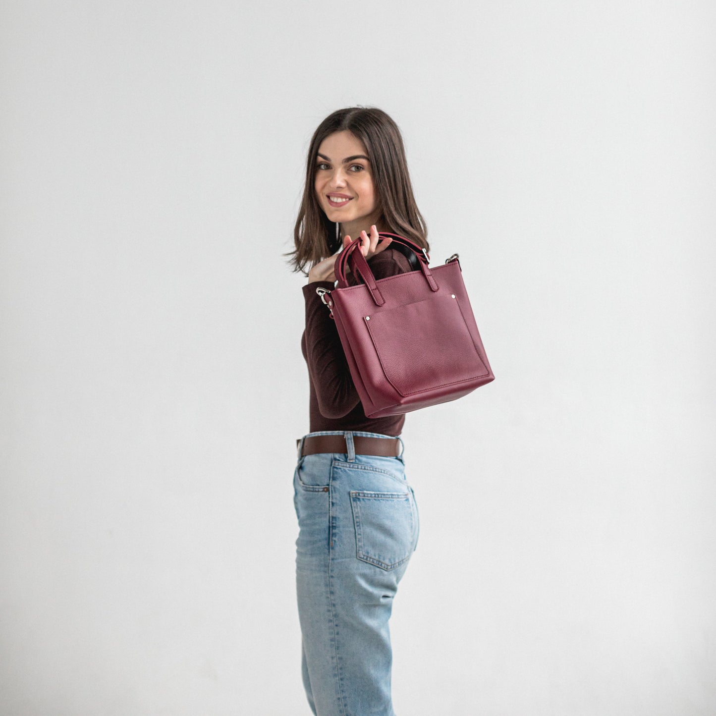 Burgundy double face leather mini tote bag