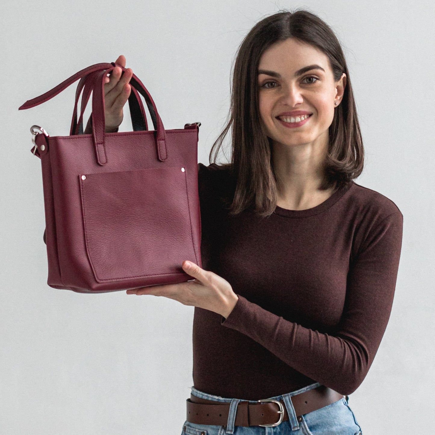 Burgundy double face leather mini tote bag