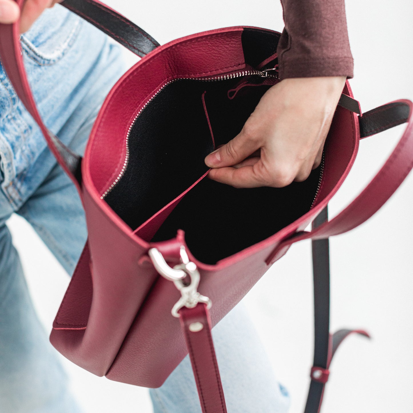 Burgundy double face leather mini tote bag