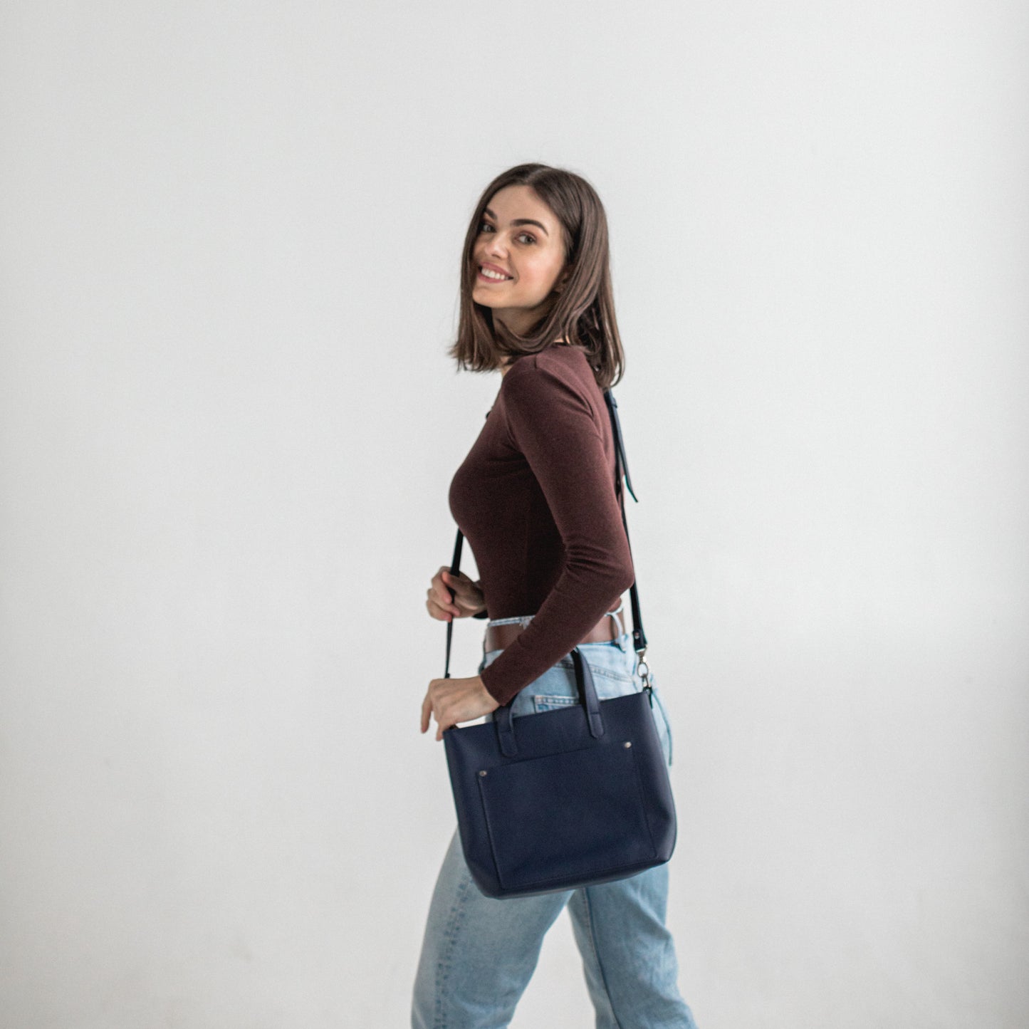 Navy Blue double face leather mini tote bag