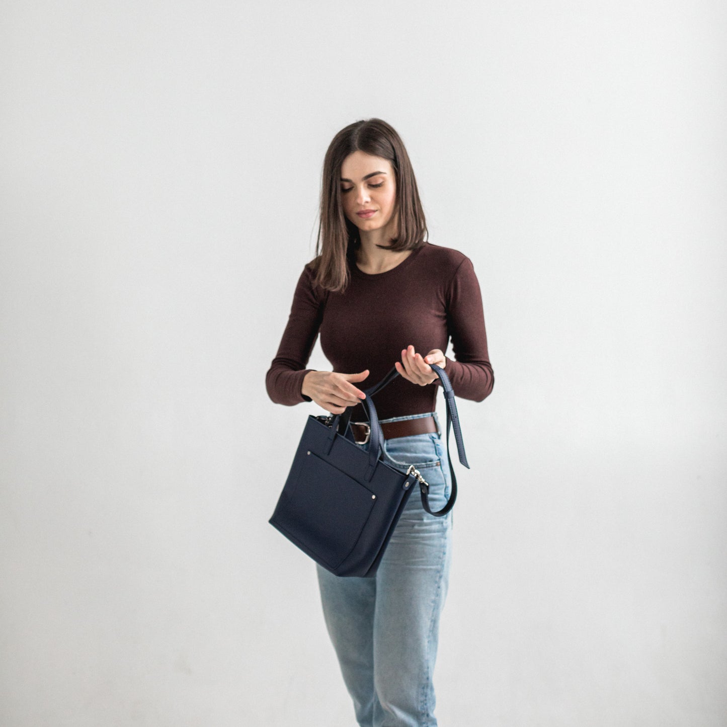 Navy Blue double face leather mini tote bag