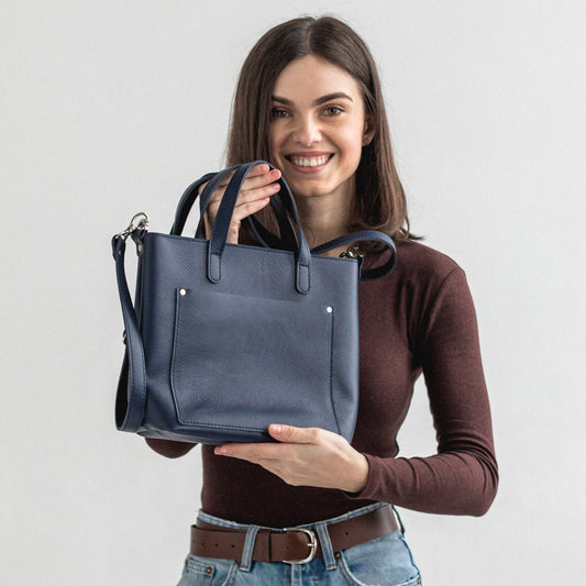 Navy Blue double face leather mini tote bag