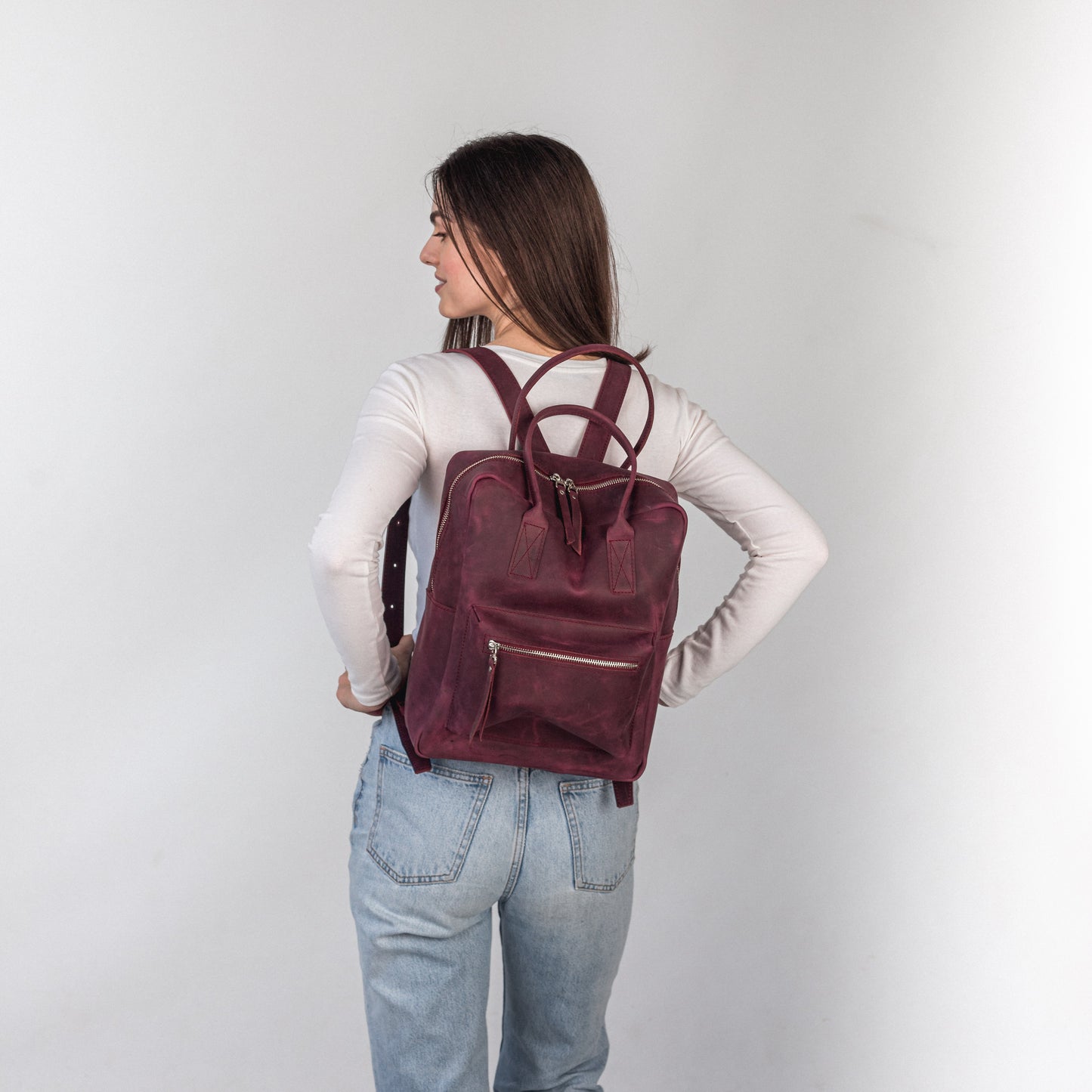 Burgundy leather city backpack