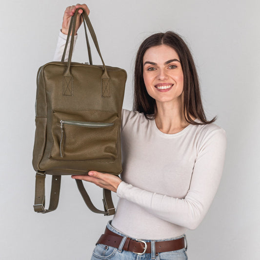 Olive pebbled  leather city backpack