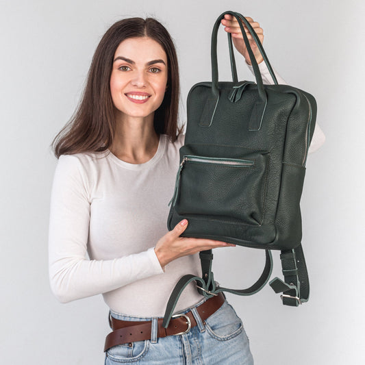 Green pebbled  leather city backpack