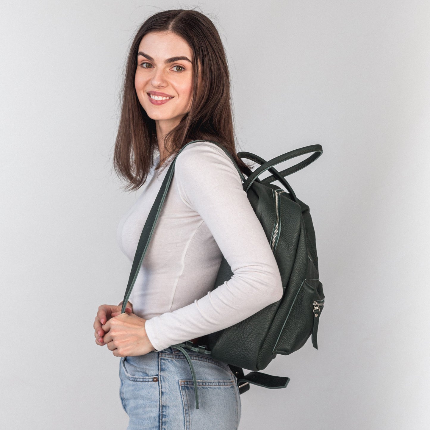 Green pebbled  leather city backpack