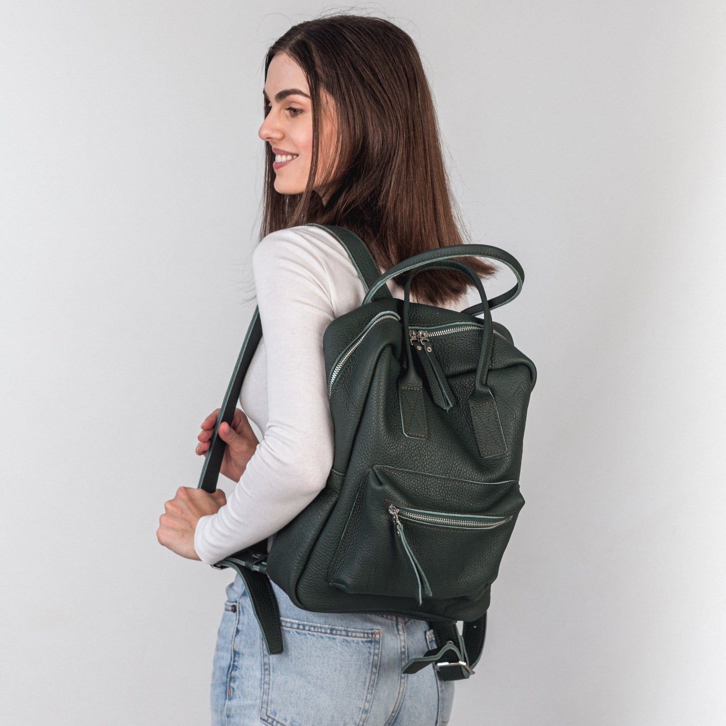 Green pebbled  leather city backpack