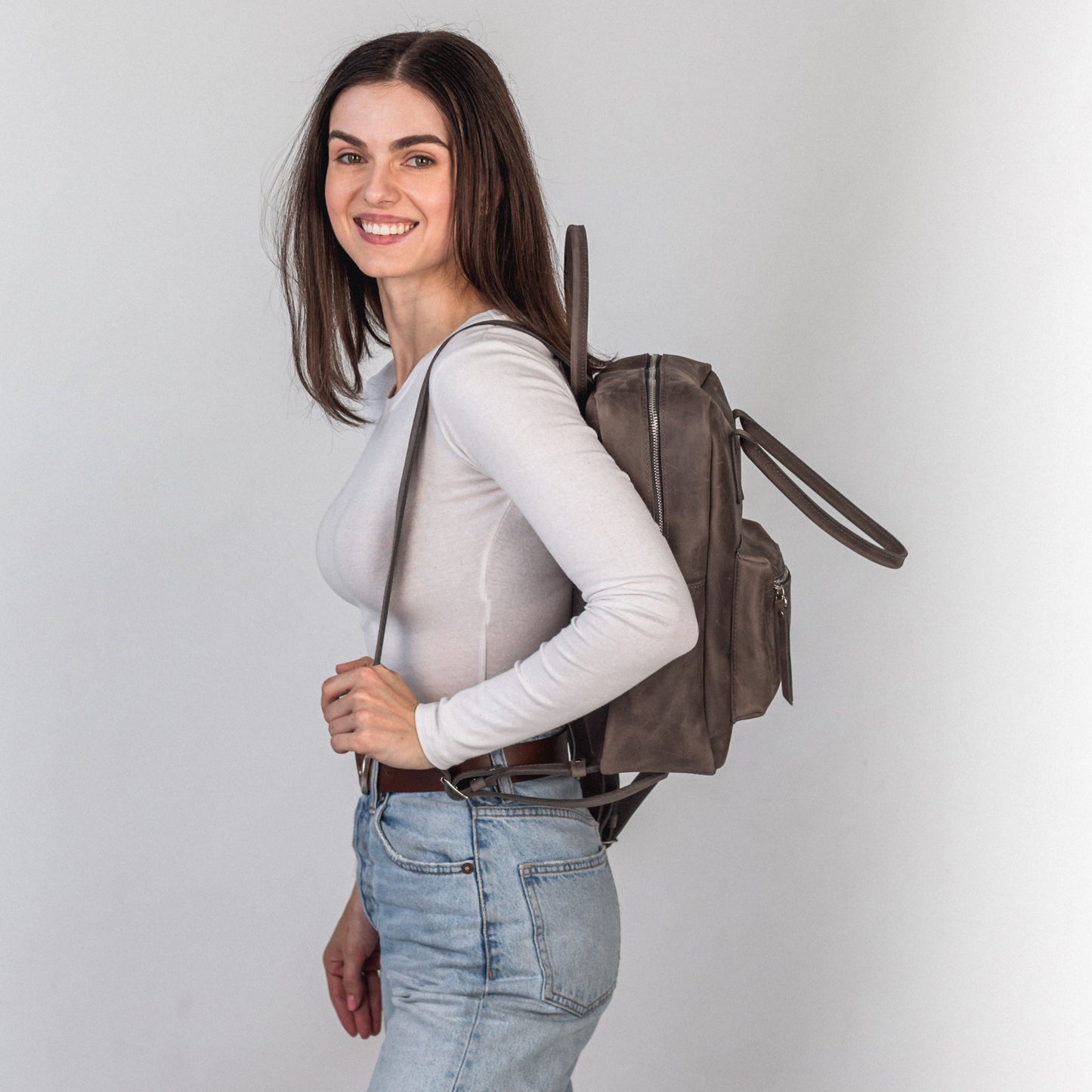 Gray leather city backpack