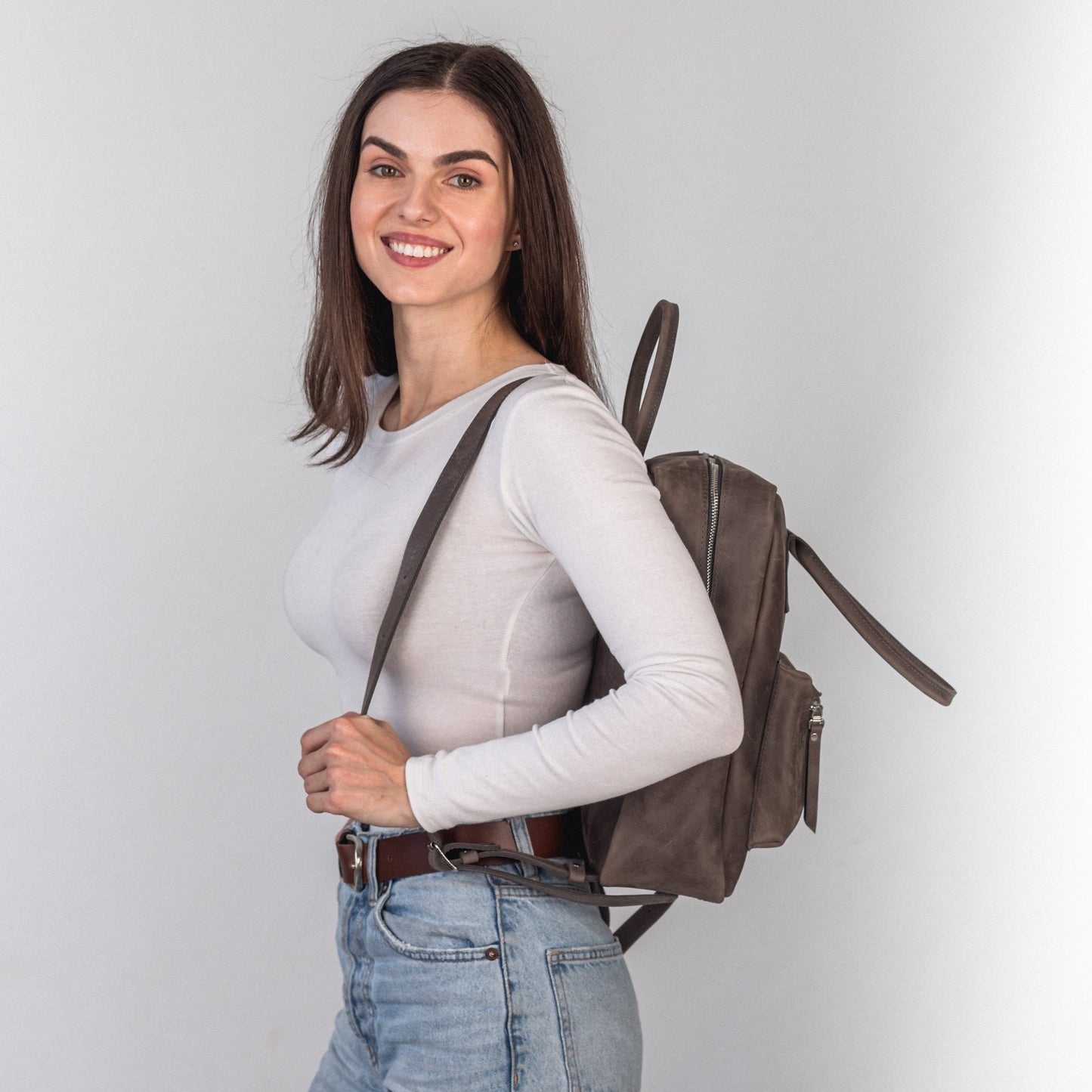 Gray leather city backpack