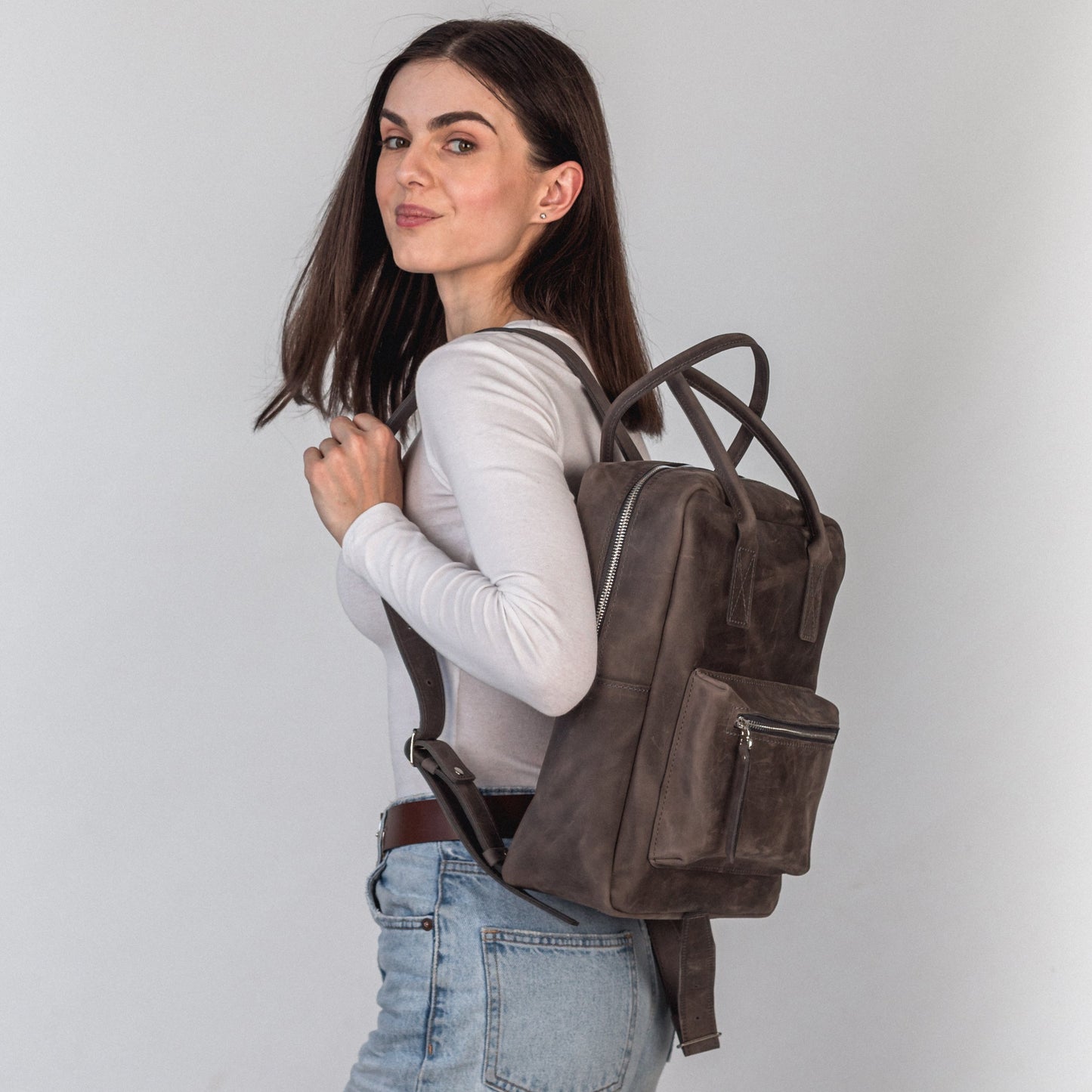 Gray leather city backpack