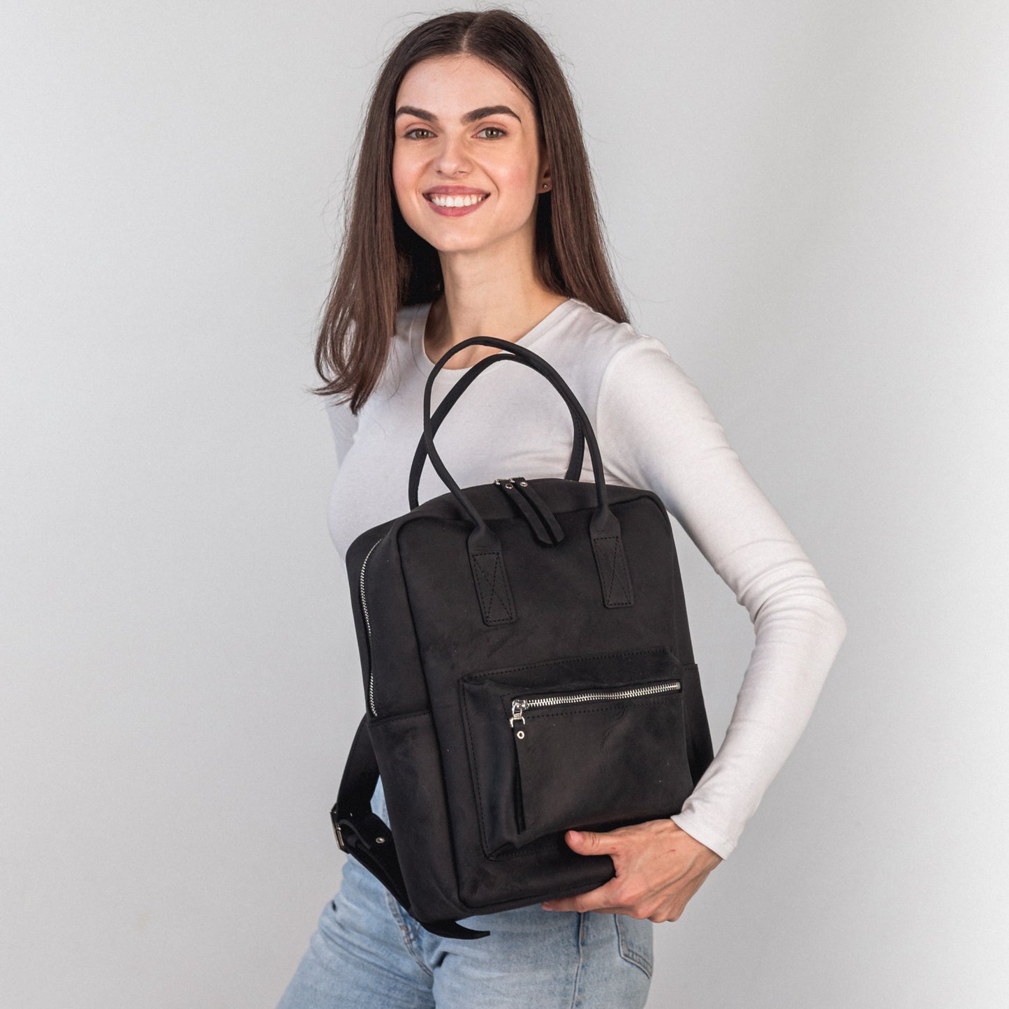 Black leather city backpack