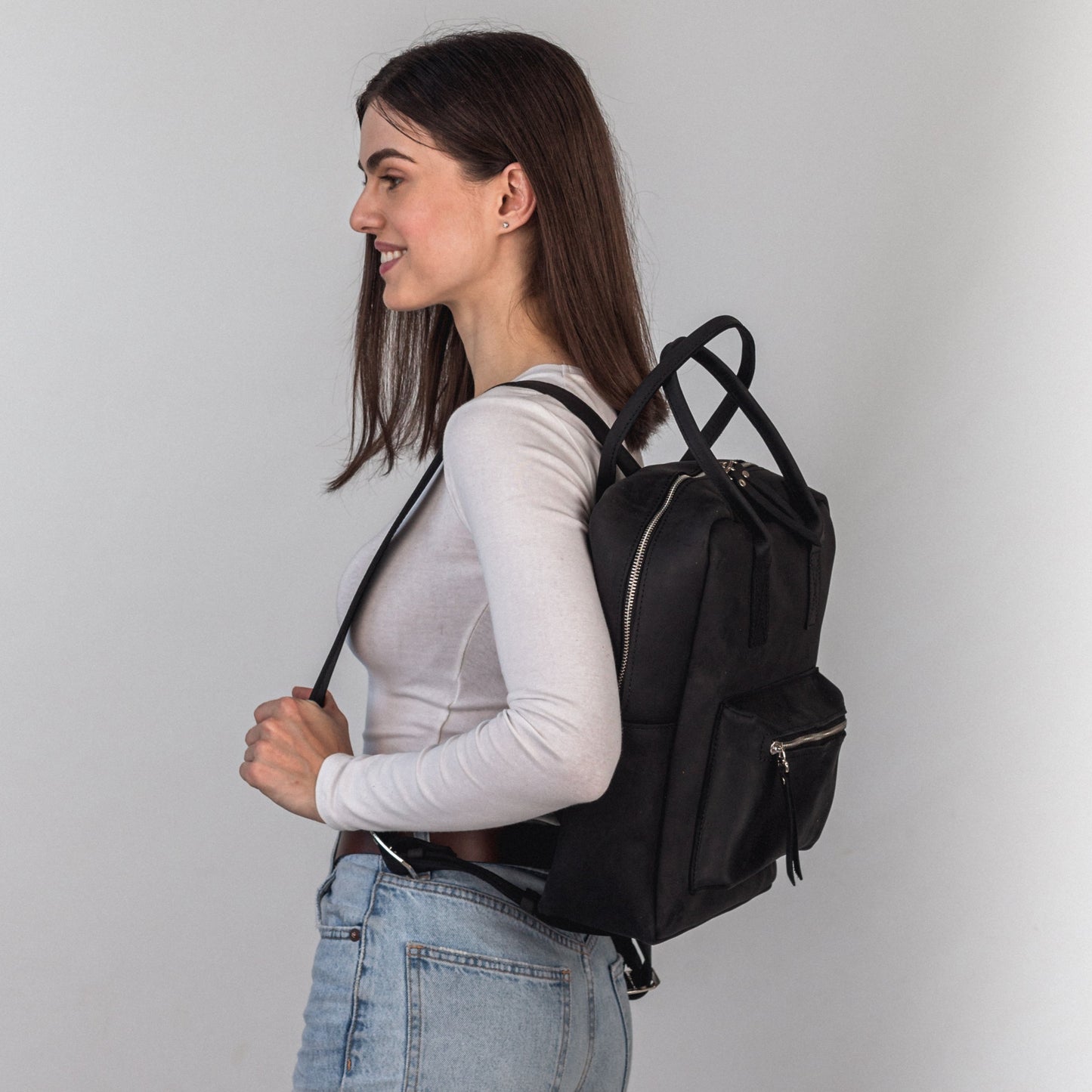 Black leather city backpack