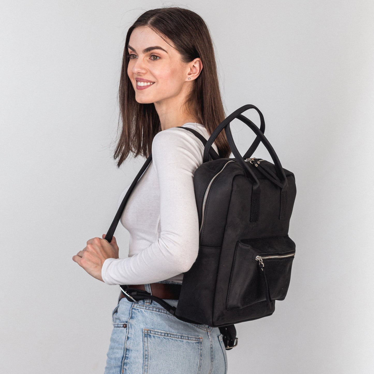 Black leather city backpack