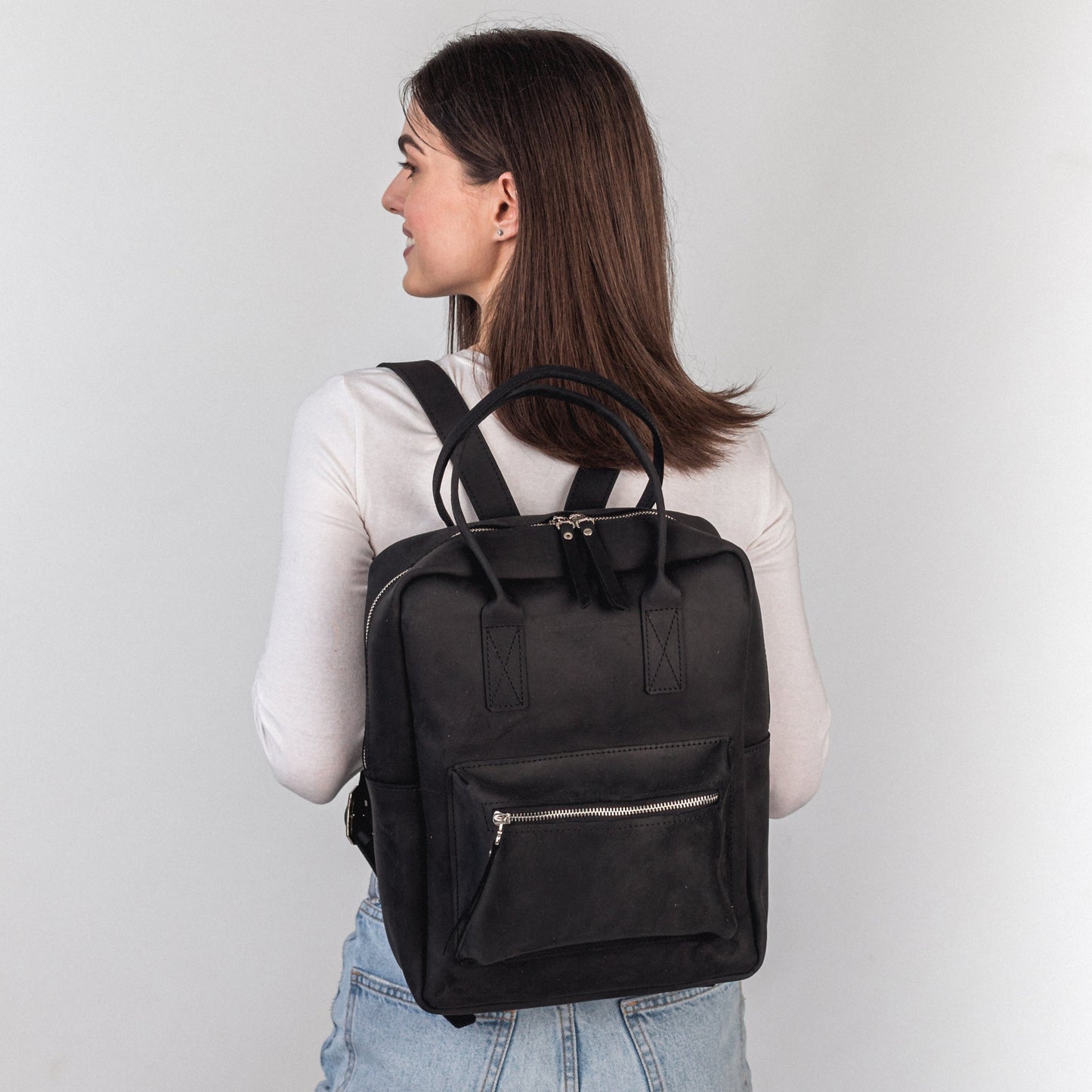 Black leather city backpack