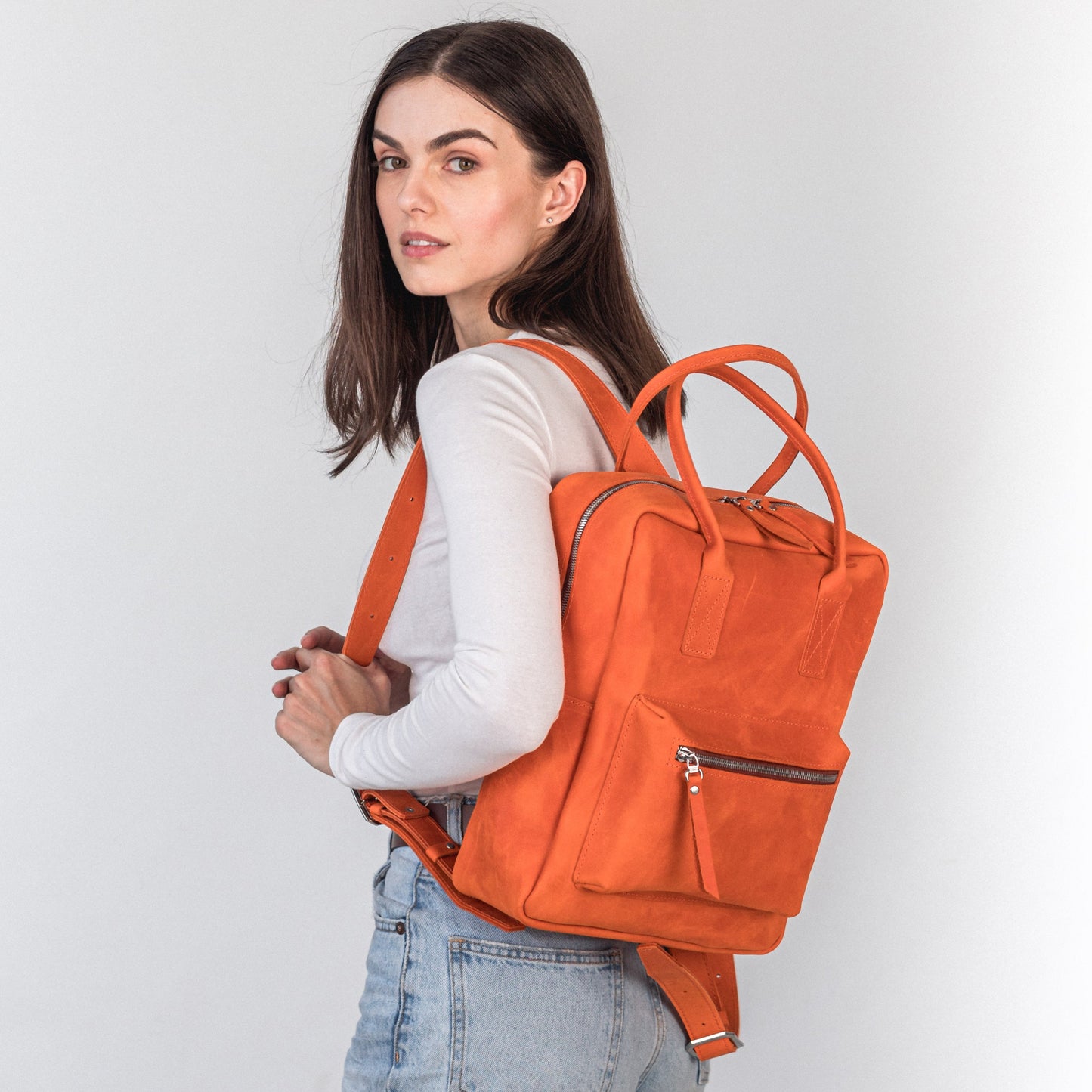 Orange leather city backpack